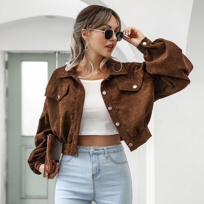 🧥 50% RABATT 🎈 | Kort Corduroyjacka – Ballongärmar & Retro Textur