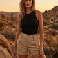 🩳 50% RABATT NU! 👖 Kvinnors Högmidjade Cargoshorts med Fickor – Smickrande Passform, Premiumblandning & Mångsidig Stil – Perfekt För Avslappnade Dagar 👜