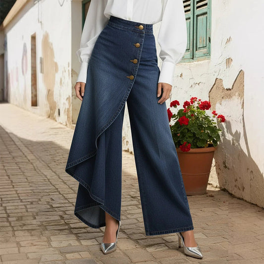 👖 50% RABATT NU! 🌀 Asymmetrisk Wrap Denim Kjolbyxor – Högmidjad, Vida Ben & Dekorativ Knapprad ✨