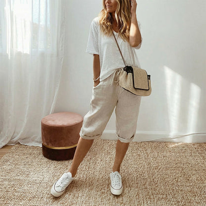 👖 50% RABATT NU! 🌾 Kvinnors Casual Capribyxor i Bomull och Linne – Ultralätta, Andningsbara & Justerbar Dragsko Midja – Sommar Basvara ✨