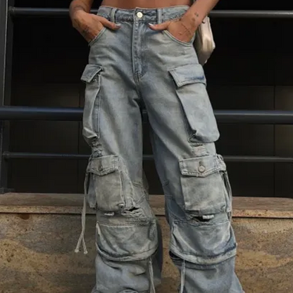 👖 50% RABATT 🖤 | Vintage-punkjeans för Dam – 13 Fickor & Rak Ben