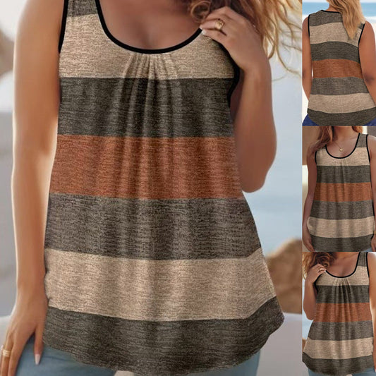 🏖️ 50% RABATT NU! 👚 Kvinnas Färgblock Randig Tank Topp – Rynkad Halsringning, Crop Silhuett & Andningsbar Stretch-Stickat 🌊