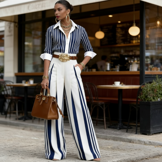 👚 50% RABATT NU! 👖 Kvinnors Randig Skjorta & Vida Byxor 2-Delat Set – Vertikala Ränder, Andningsbart Tyg & Mångsidig Stil ✨
