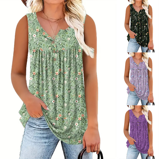 👚 50% RABATT NU! 🌸 Damtopp med Tryckt Mönster och Knappar – Andningsbart Tyg, Söt Design & Perfekt för Sommardagar ☀️