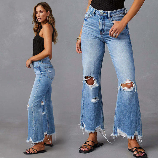 👖 50% RABATT NU! ✨ Women's High-Waisted Ripped Flare Jeans – Slitdetaljer, Cropped Flare & Premium Stretch Denim 💙
