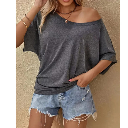 👚 50% RABATT NU! 🌸 Kvinnors Casual Off-Shoulder Kortärmad T-shirt – Asymmetrisk Halsringning, Avslappnad Passform & Andningsbar ✨