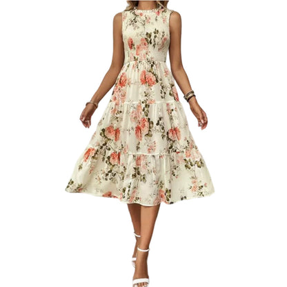 👗 50% RABATT NU! 🌸 Kvinnors Ärmlös Blommönstrad Casual Klänning – Smockad Liv, Flytande Lagerkjol & Mångsidig Midi-längd ✨