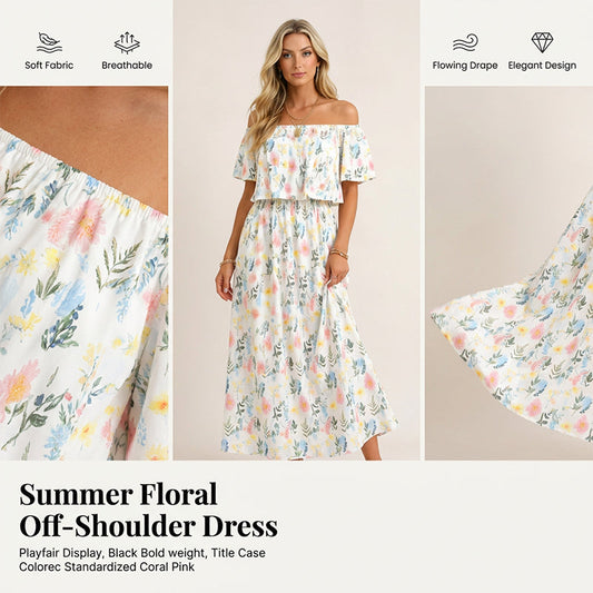 👗 50% RABATT NU! 🌸 Tryckt Off-Shoulder Kortärmad Maxiklänning – Blommönster, Rynkad Liv & Dolda Fickor ✨