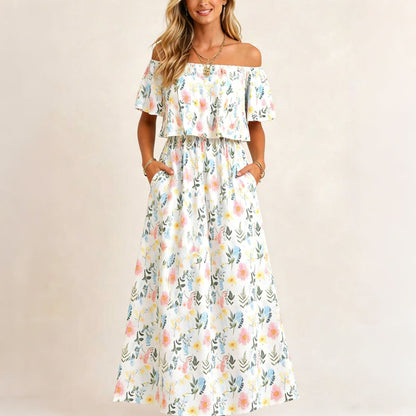 👗 50% RABATT NU! 🌸 Tryckt Off-Shoulder Kortärmad Maxiklänning – Blommönster, Rynkad Liv & Dolda Fickor ✨