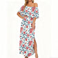 👗 50% RABATT NU! 🌸 Tryckt Off-Shoulder Kortärmad Maxiklänning – Blommönster, Rynkad Liv & Dolda Fickor ✨