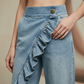 👖 50% RABATT NU! 💙 Kvinnors Asymmetriska Ruffle Vida Ben Jeans – Högmidjad, Premium Denim & Funktionella Fickor ✨