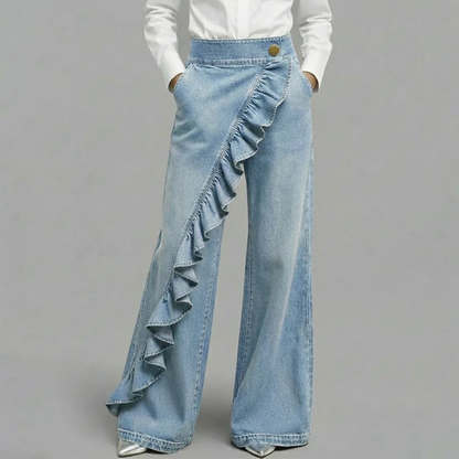 👖 50% RABATT NU! 💙 Kvinnors Asymmetriska Ruffle Vida Ben Jeans – Högmidjad, Premium Denim & Funktionella Fickor ✨