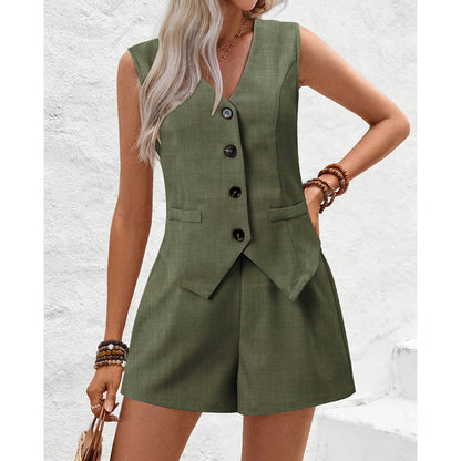 👚 50% RABATT NU! 🩳 Kvinnors V-ringad Väst & Shorts 2-delat Set – Smickrande Passform, Andningsbart Tyg & Mångsidig Stil ✨