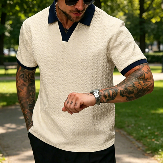 👕 50% RABATT NU! 👔 Herr Casual Texturerad Top – Kontrast Krage & Stickad Kvalitet – Mångsidig & Lätt Skötsel 🎩