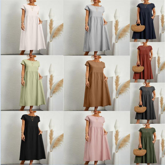 👗 60% RABATT NU! 🌸 Kvinnors Bomull-Linne Enfärgad Klänning med Fickor – Andningsbar, Smickrande Midja & Lättvikt – Perfekt För Vår & Sommar ☀️
