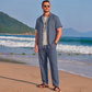 👕 50% RABATT NU! 👖 Herr Lättvikts Casual Outfit – 2-Delat Set, Modern Bandkrage & Dragsko Midja – Andningsbar Polyester ✨