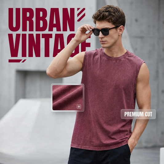 💪 50% RABATT NU! 👕 Herr Vintage Wash Ärmlös Tank Top – Premium Mjukt Tyg, Dynamisk Flexibilitet & Ergonomisk Muskelklippning ✨