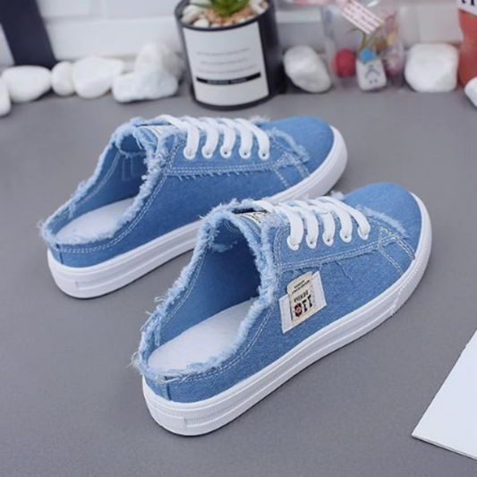 👟 50% RABATT NU! 💙 Kvinnors Denim Mule Sneakers – Fransade Kanter, Slip-On & Platt Sula – Ansträngningslöst Cool & Bekväm ✨