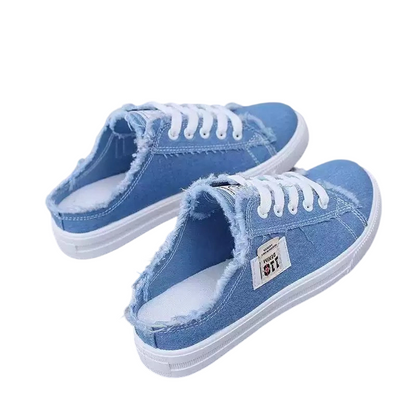 👟 50% RABATT NU! 💙 Kvinnors Denim Mule Sneakers – Fransade Kanter, Slip-On & Platt Sula – Ansträngningslöst Cool & Bekväm ✨