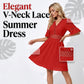 🏖️ 50% RABATT NU! 👗 Elegant Spetsklänning med V-ringad Hals, Veckad Design & Volangärmar – Perfekt för Sommarsemestern 🌺