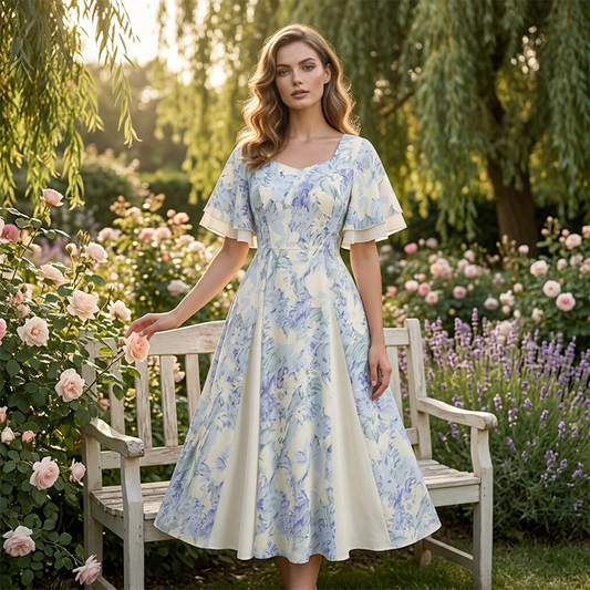 👗 50% RABATT NU! 🌸 Eterisk Klockklänning med Vingarmer – Fyrkantig Ringning, Insnörd Midja & Vintage Blommönster 🦋