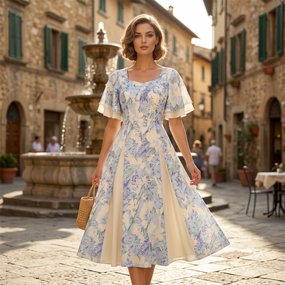 👗 50% RABATT NU! 🌸 Eterisk Klockklänning med Vingarmer – Fyrkantig Ringning, Insnörd Midja & Vintage Blommönster 🦋