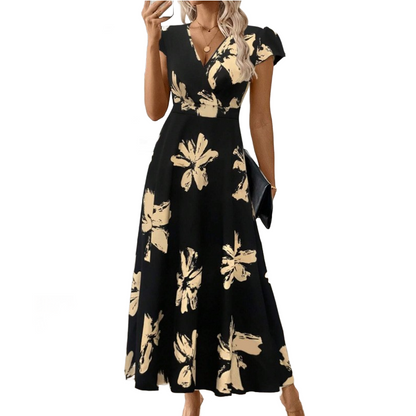 👗 50% RABATT NU! 🌸 V-ringad Klänning med Volanger & Tryck – Smickrande Passform & Flödande Fall ☀️