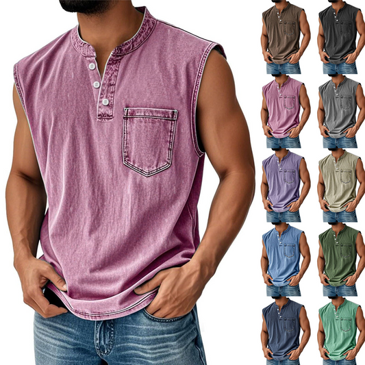 👕 50% RABATT NU! ✨ Retro Style Sleeveless T-Shirt with Three Buttons – Vintage Washed & Klassisk Henleykrage – Perfekt för Sommar & Ledig Stil ☀️