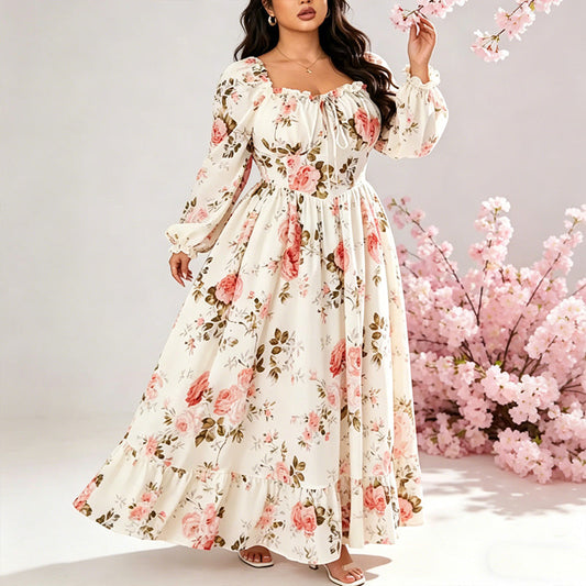 👗 50% RABATT NU! 🌸 Floralt Fyrkantshals Maxiklänning – Långa Puffärmar, Hög Midja & Vintage Tryck – Romantisk Sommarbasvara ✨