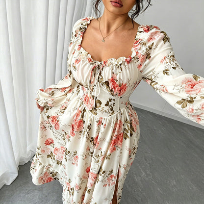 👗 50% RABATT NU! 🌸 Floralt Fyrkantshals Maxiklänning – Långa Puffärmar, Hög Midja & Vintage Tryck – Romantisk Sommarbasvara ✨