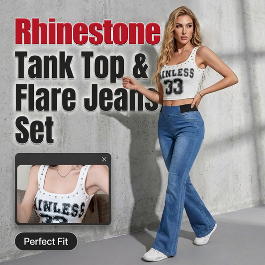 ✨ 50% RABATT NU!💎 2-Delars Set med Strasslinne & Vida Jeans – Hög Midja & Stretch Denim – Elegant Festoutfit 👖