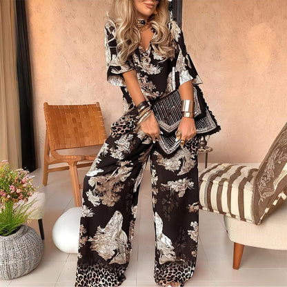 👚 50% RABATT NU! 🌸 Dam Casual Tryckt V-Ringning Set – Mjuk & Andningsbar – V-Ringning Topp & Långa Byxor 🍃
