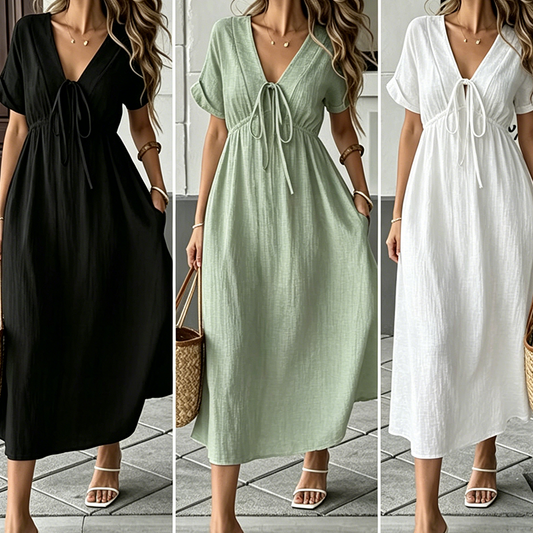 👗 50% RABATT NU! 🌸 Kvinnors Sommar V-ringad Knytfront Midi Klänning – Kejsarskuren, Flödande A-linje & Andningsbar Bomullsblandning ☀️
