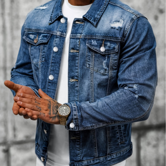 🧥 50% RABATT NU! 👖 Herr Casual Vintage-Wash Distressed Denimjacka – Tidlös Design, Hållbart Tyg & Funktionsfickor ✨