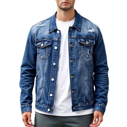 🧥 50% RABATT NU! 👖 Herr Casual Vintage-Wash Distressed Denimjacka – Tidlös Design, Hållbart Tyg & Funktionsfickor ✨