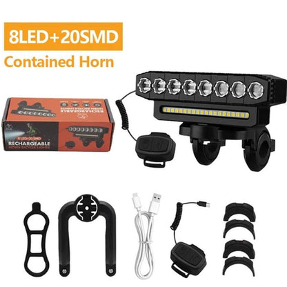 🔦 50% RABATT NU! 🚲 Uppladdningsbar Cykelstrålkastare med 28 LED & Signalhorn – USB-Laddning & Fjärrkontroll – Säkerhet för Nattcykling 🌙