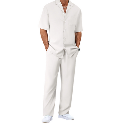 👔 50% RABATT NU! ✨ Herr Kortärmad Set – Skjorta & Byxor, Camp Krage & Ledig Passform – Andningsbar Polyester & Enfärgad 🌴