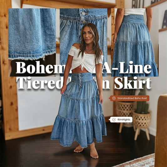 👗 50% RABATT NU! 👖 Denim Maxikjol – Hög Midja & Skiktad A-Linje – Knapp Främre & Vintage Charme ✨