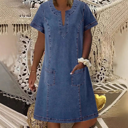 👗 50% RABATT NU!✨ Jeansklänning för Damer – V-Ringning & Kort Ärm – Casual Sommarstil – Bekväm & Mångsidig Klänning 👖