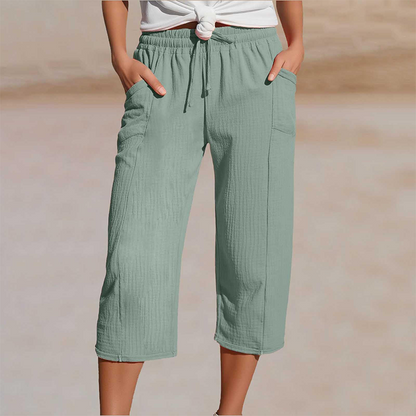 👖 50% RABATT NU!🌿 Dam Plisserade Croppade Byxor – Linne-Bomull Vid Ben & Andningsbar – Sommar Casual Essential 🍃
