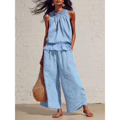 👗 50% RABATT NU! 🌴 2-delat Ärmlöst Set – Smockad Halsringning + Vida Byxor – Luftigt & Andningsbart för Semestern ☀️