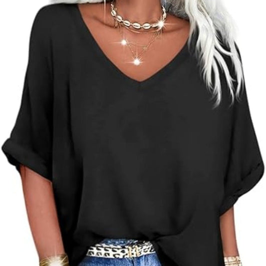👚 50% RABATT NU!🌿 Dam Casual V-ringad Topp – Mjuk Bomull & Lös Passform – Andningsbar Vardaglig Chic Blus ☁️