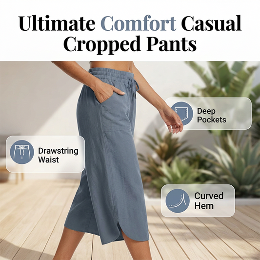 👖 50% RABATT NU!☁️ Dam Enfärgade Lösa Croppade Byxor – Resårmidja & Djupa Fickor – Andningsbara Casual Byxor ✨