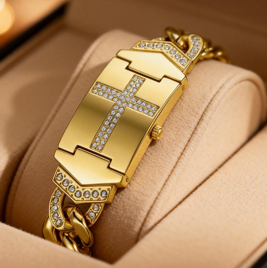 ⌚ 50% RABATT NU!💎 Elegant Kristallkors Klocka – Geometrisk Rektangulär Urtavla & Premium Metallarmband ✨