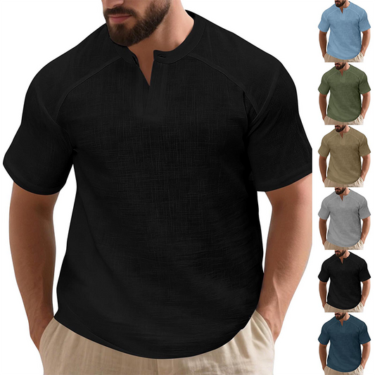 👕 50% RABATT NU!✨ Herr Casual Enfärgad Kortärmad T-shirt – Unik Ståkrage & Raglanärm – Texturerad Bomullsblandning 🌿