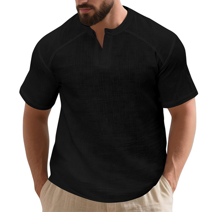 👕 50% RABATT NU!✨ Herr Casual Enfärgad Kortärmad T-shirt – Unik Ståkrage & Raglanärm – Texturerad Bomullsblandning 🌿