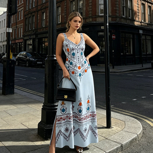 👗 50% RABATT NU!🌸 Blommig V-ringad Ärmlös Klänning – Boho-mönster & Sidospalt – Elegant A-linje Sommarklänning 💃