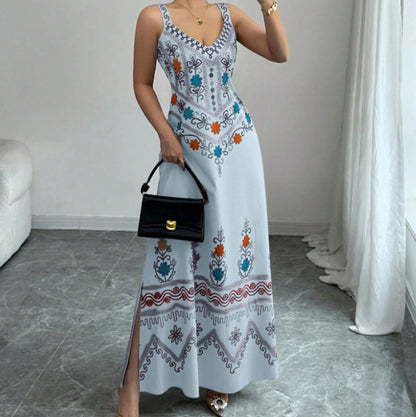 👗 50% RABATT NU!🌸 Blommig V-ringad Ärmlös Klänning – Boho-mönster & Sidospalt – Elegant A-linje Sommarklänning 💃