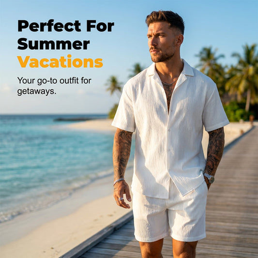 👔 50% RABATT NU!🌊 Herr Texturerad Camp Krage Skjorta – Skrynklig & Strykfri – Andningsbar Sommartopp ✨