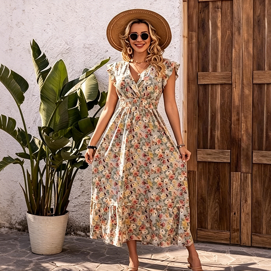 👗 50% RABATT NU!🌸 Blommig V-ringad Klänning med Smockad Midja – Flatterärm & A-linje – Elegant Sommar- & Semesterklänning 🥂